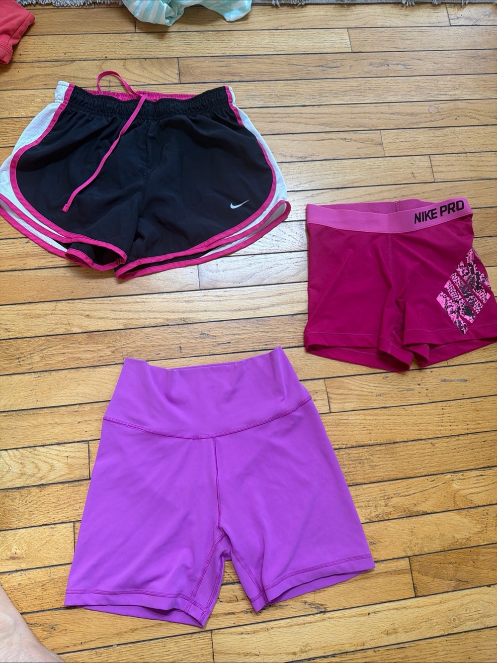 Nike and Adidas Black Running Shorts with Pink Trim + Pink Active Shorts Bundle